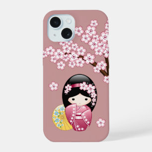 Spring Kokeshi Doll - Stomme Japanse geisha op Roz iPhone 15 Case