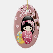 Spring Kokeshi Doll - Stomme Japanse geisha op Roz Keramisch Ornament (Rechts)