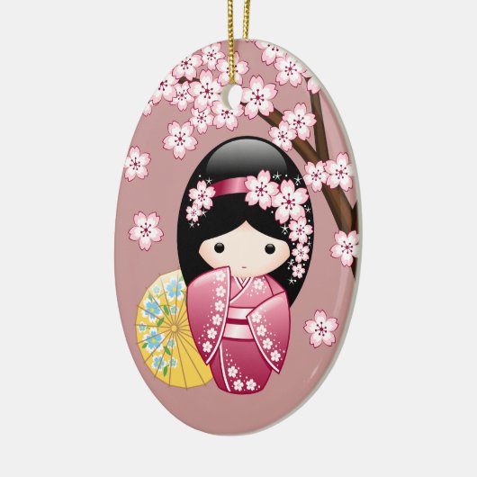 Spring Kokeshi Doll - Stomme Japanse geisha op Roz Keramisch Ornament (Links)