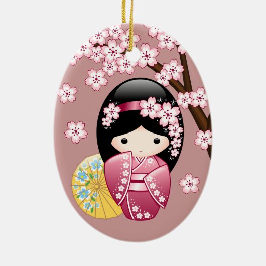Spring Kokeshi Doll - Stomme Japanse geisha op Roz Keramisch Ornament (Achterkant)