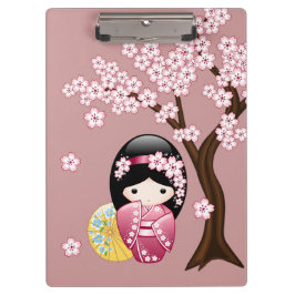 Spring Kokeshi Doll - Stomme Japanse geisha op Roz Klembord