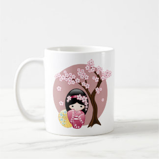 Spring Kokeshi Doll - Stomme Japanse geisha op Roz Koffiemok
