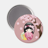 Spring Kokeshi Doll - Stomme Japanse geisha op Roz Magneet (Voorkant / Achterkant)