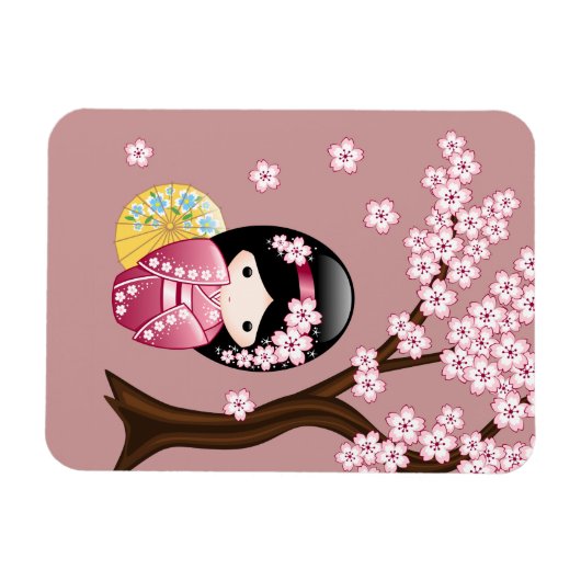 Spring Kokeshi Doll - Stomme Japanse geisha op Roz Magneet (Horizontaal)