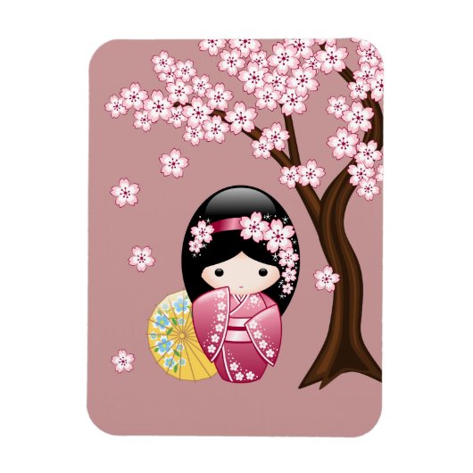 Spring Kokeshi Doll - Stomme Japanse geisha op Roz Magneet (Verticaal)
