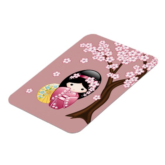 Spring Kokeshi Doll - Stomme Japanse geisha op Roz Magneet (Linkerzijde)