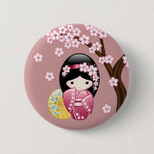 Spring Kokeshi Doll - Stomme Japanse geisha op Roz Ronde Button 5,7 Cm (Voorkant)
