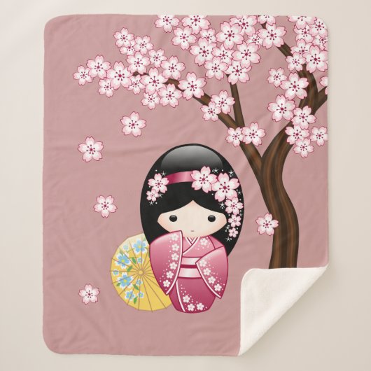 Spring Kokeshi Doll - Stomme Japanse geisha op Roz Sherpa Deken (Voorkant)