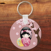 Spring Kokeshi Doll - Stomme Japanse geisha op Roz Sleutelhanger (Achterkant)
