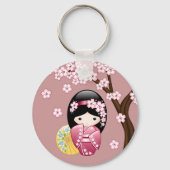 Spring Kokeshi Doll - Stomme Japanse geisha op Roz Sleutelhanger (Achterkant)