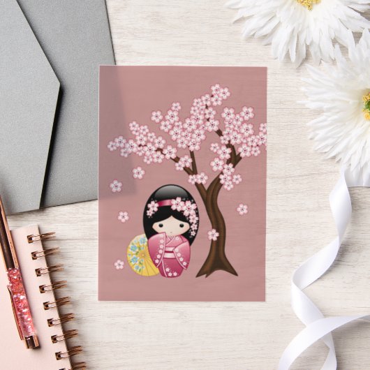 Spring Kokeshi Schattigee Japanse Geisha Roze Inse Vellum Uitnodigingen (Huwelijk)