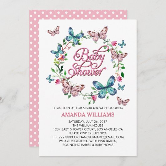 Spring Krans en Butterfly BABY SHOWER Kaart (Voorkant / Achterkant)