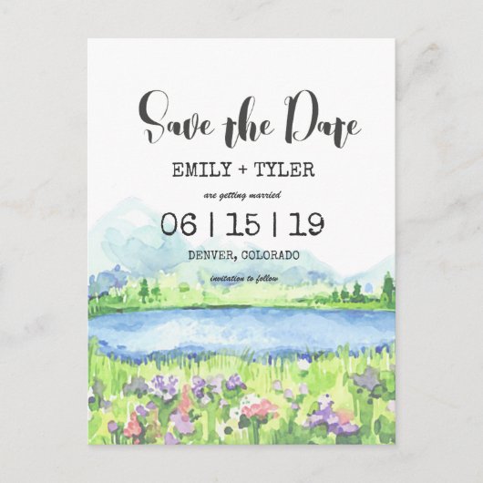 Spring Lakeside Mountain Forest Opslaan van de dat Aankondigingskaart (Voorkant)