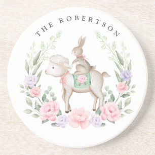 Spring Lamb & Bunny Rabbit Lila Blush Pasen Zandsteen Onderzetter