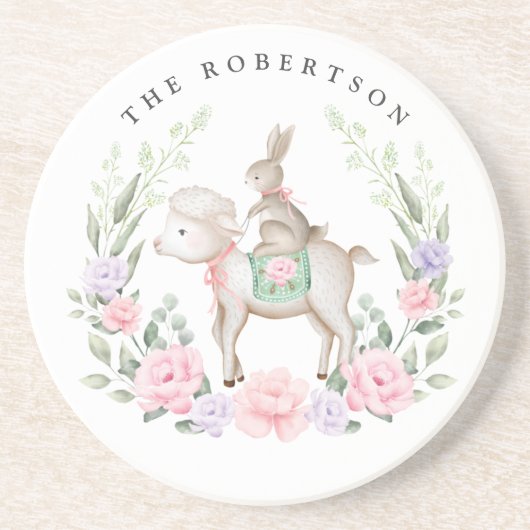 Spring Lamb & Bunny Rabbit Lila Blush Pasen Zandsteen Onderzetter (Voorkant)
