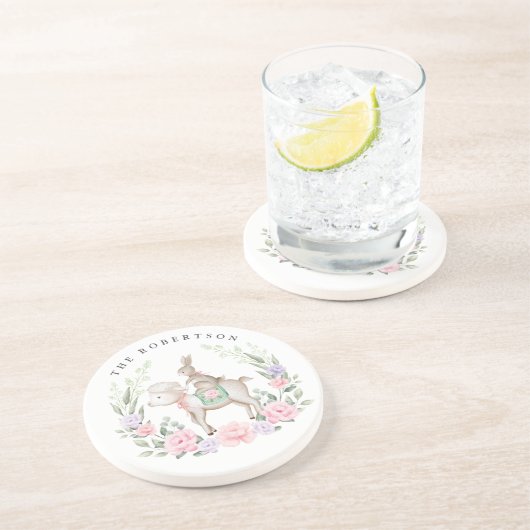 Spring Lamb & Bunny Rabbit Lila Blush Pasen Zandsteen Onderzetter (Zijkant)