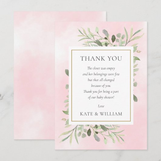 Spring Leaves Groen Roze Baby shower Gedicht Bedankkaart (Voorkant / Achterkant)