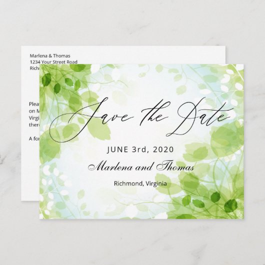 Spring Leaves Waterverf Wedding Save the Date Aankondigingskaart (Voorkant / Achterkant)