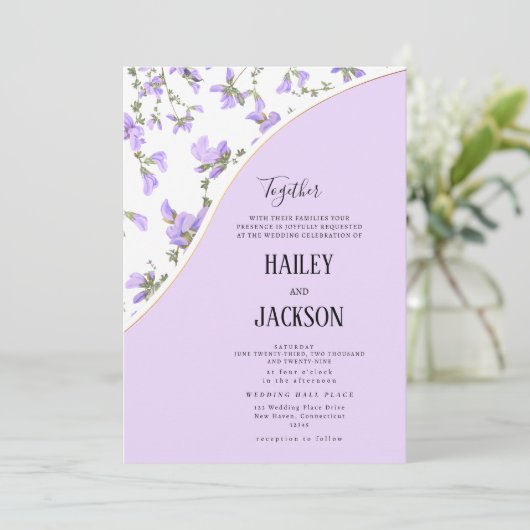 Spring lila gouden wilde bloem boho bloemenbruilof kaart (Staand voorkant)