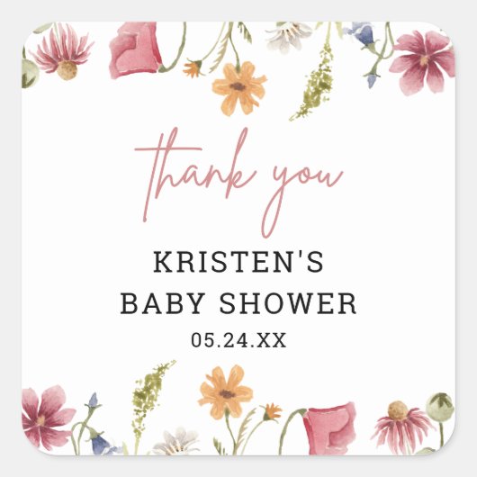 Spring Little Wildflower Baby shower Bedankt Vierkante Sticker (Voorkant)