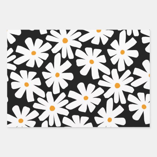 Spring madeliefjes bloemenretro patroon zwart inpakpapier vel (Voorkant)
