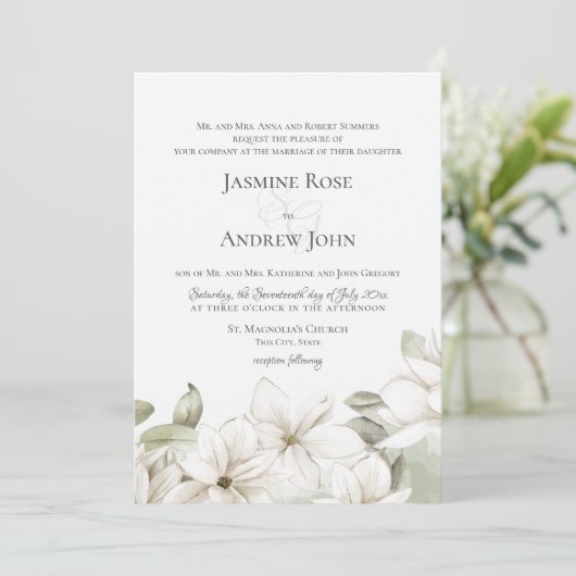 Spring Magnolia Blossom Blush en Sage Wedding Kaart (Staand voorkant)