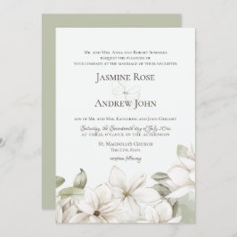 Spring Magnolia Blossom Blush en Sage Wedding Kaart