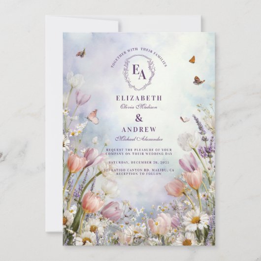 Spring Meadow Wildflower Butterfly Wedding Kaart (Voorkant)