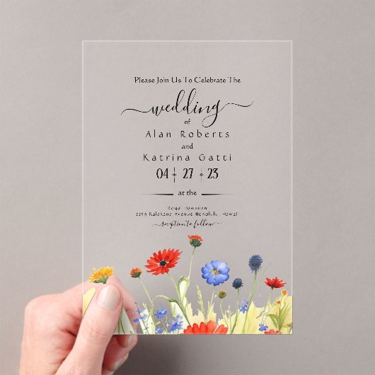 Spring Meadow Wildflowers Wedding Invitation Acryl Uitnodigingen (Insitu (Draagbaar))