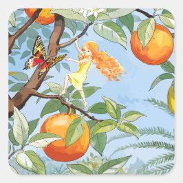 Spring Meisje overhandigen in de boom met fruit, e Vierkante Sticker