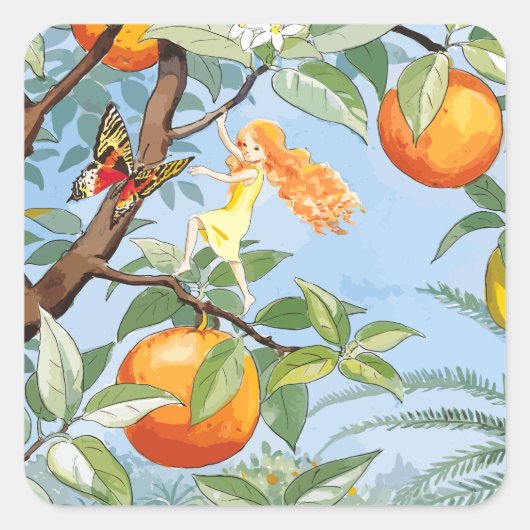 Spring Meisje overhandigen in de boom met fruit, e Vierkante Sticker (Voorkant)