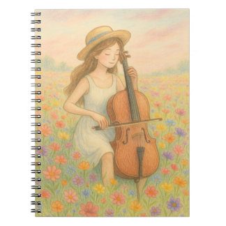 Spring Melody - Meisje met Cello in Bloemenveld 🌸 Notitieboek