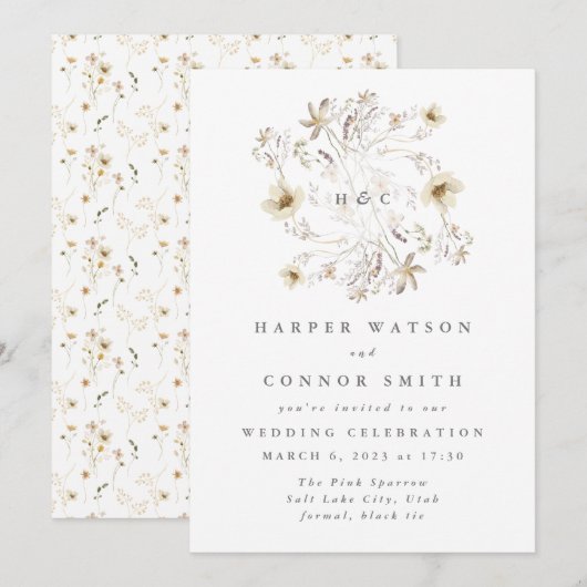 Spring Monogram Elegant Wildflower Floral Kaart (Voorkant / Achterkant)