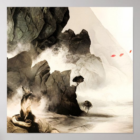 Spring Mystic Fox Misty Mountain Minimalist Zen Poster (Voorkant)