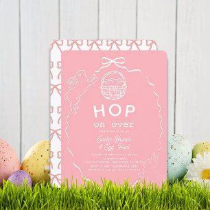 Spring op Roze Lint Konijn Pasen Brunch Kaart