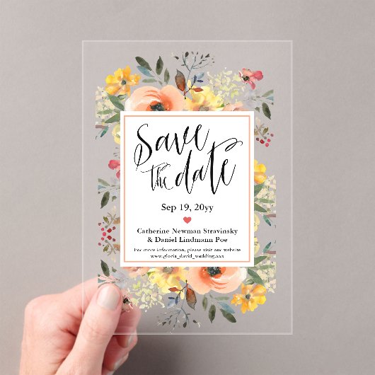 Spring Oranje Yellow Floral Bewaar de datum Acryl Uitnodigingen (Insitu (Draagbaar))