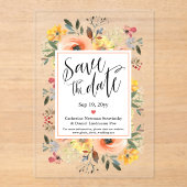 Spring Oranje Yellow Floral Bewaar de datum Acryl Uitnodigingen (Voorkant)