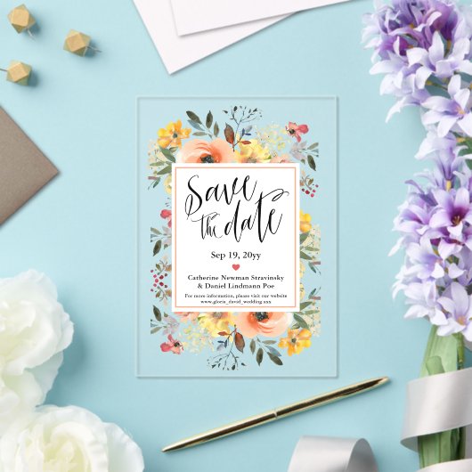 Spring Oranje Yellow Floral Bewaar de datum Acryl Uitnodigingen (Insitu (Huwelijk))