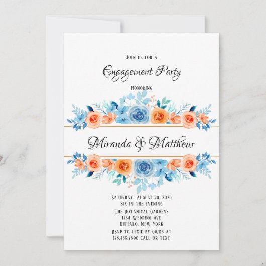 Spring Paint Blue Oranje Florals Engagement Party Kaart (Voorkant)