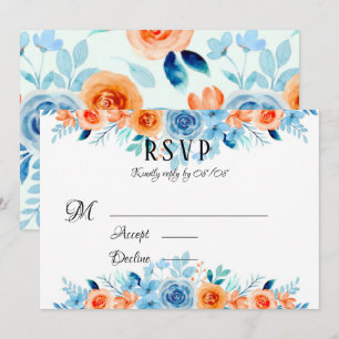 Spring Paint Blue Oranje Florals Wedding RSVP Card Kaart