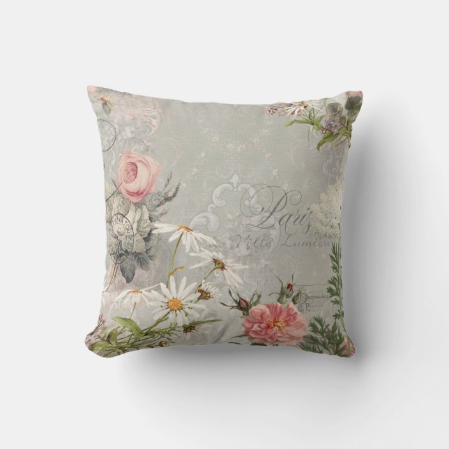 Spring Paris  Floral Gray Ephemera Damask Kussen (Voorkant)