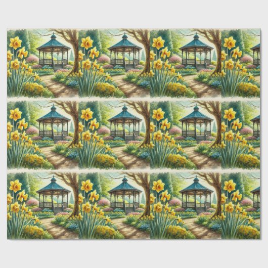 Spring Party narcissen en tuinhuisje inpakpapier (Vlak)