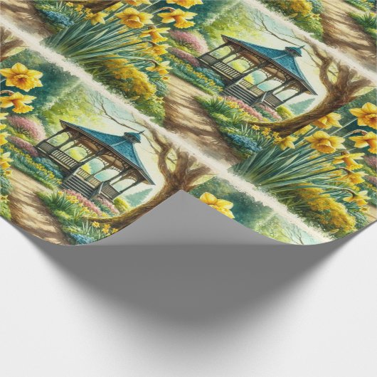 Spring Party narcissen en tuinhuisje inpakpapier (Hoek)