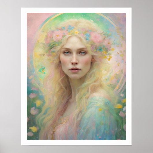Spring Pastel Art Deco Vrouw Blond Haar Roos Kroon Poster (Voorkant)