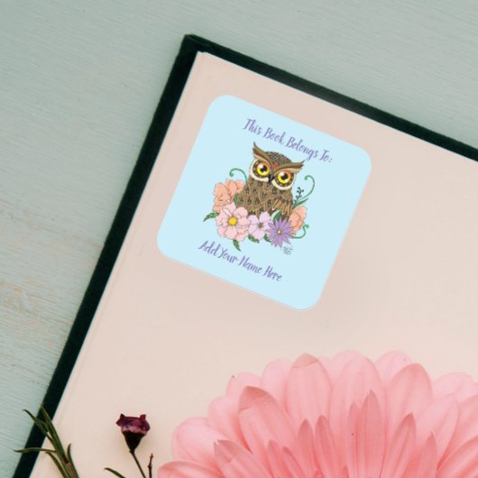 Spring Pastel Bloemen Uil Bookplate Vierkante Sticker