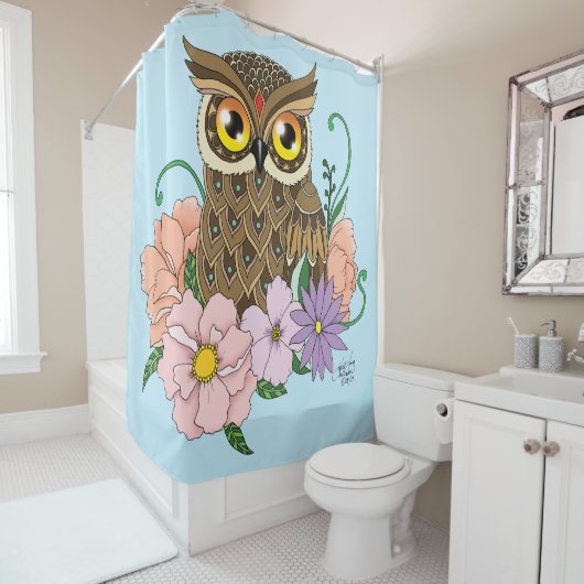 Spring Pastel Bloemen Uil Douchegordijn (In situ)