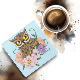 Spring Pastel Bloemen Uil Glazen Onderzetter