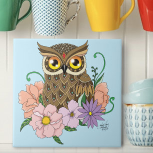 Spring Pastel Bloemen Uil Tegeltje