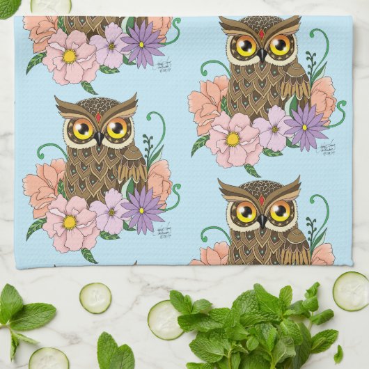 Spring Pastel Bloemen Uil Theedoek (Gevouwen)