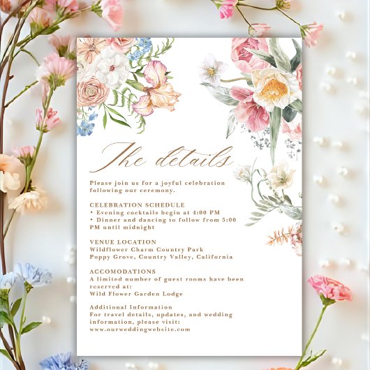 Spring pastel floral wildflower wedding details informatiekaartje